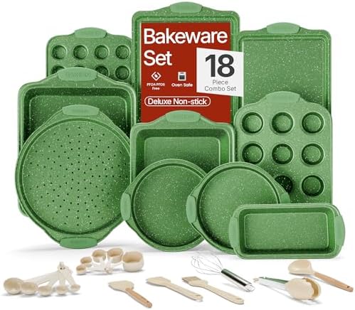 BAKKEN Kitchen Baking Pan Set - Nonstick Green Marble Coating, Carbon Steel Bakeware Sets with Green Silicone Handles, Kitchen Essentials, PFOA, PFOS, PTFE Free, Oven Safe (Up To 450° F), Set of 18 by BAKK%C3%8BNMASTER