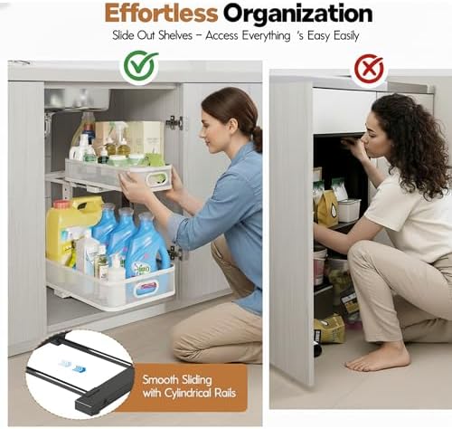 2 Pack Under Sink Organizer, Dual-Layer Pull Out Mesh Cabinet Rack with 5-Level Height Adjustment, Rust-Resistant Sliding Storage for Bathroom & Kitchen, Multi-Purpose 2-Tier Shelf - Image 3