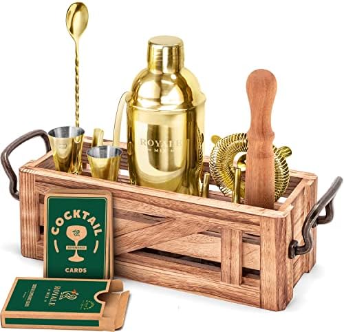 Mixology Bartender Kit with Stand - Bar Set with 25 Cocktail Kit Cards - Bar Kit Drink Mixer Set with Bar Tools - Cocktail Shaker Set Bartending Kit - Ideal Drink Shaker for Housewarming Gift. (Gold) by ROYALEMIX