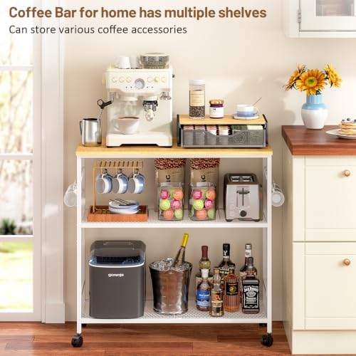 3 Tier Rolling Kitchen Microwave Cart, 33 Inch Microwave Table Stand with Adjustable Shelf, Kitchen Storage Island Utility Cart on Wheels, Bakers Rack Coffee Bar for Living Room, Office, White - Image 4