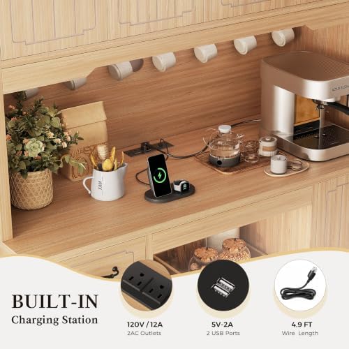 Fluted Kitchen Pantry Cabinet with Charging Station & LED Light, 47" Wide Kitchen Pantry Storage Cabinet with Countertop, Microwave & Appliance Storage, Food Pantry Cabinet for Dining Room ,Natural - Image 7