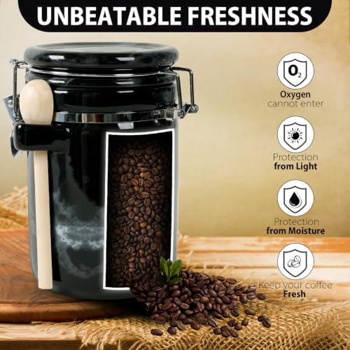 4 Piece Airtight Ceramic Canister Set With Attached Wooden Spoon Reusable Chalk Labels For Dry Goods Sugar Coffee Tea Kitchen Storage Use (Marble Black) - Image 5