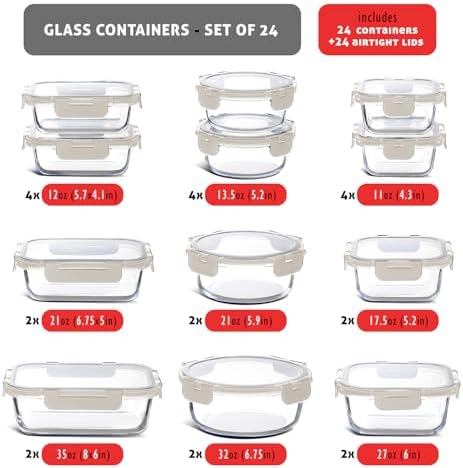 Nestl 48pc Glass Storage Containers with Lids, 24 Glass Food Storage Containers with 24 Airtight Lids for Pantry & Kitchen, Meal Prep Containers for Lunch, Oven Microwave & Dishwasher Safe, Cream - Image 3