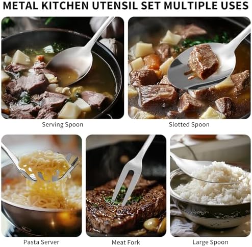 304 Stainless Steel Kitchen Utensils Set, 10 Pcs Metal Cooking Utensil, Mirror Polished Kitchen Gadget Cookware and Kitchen Tool Set, Dishwasher Safe - Image 5