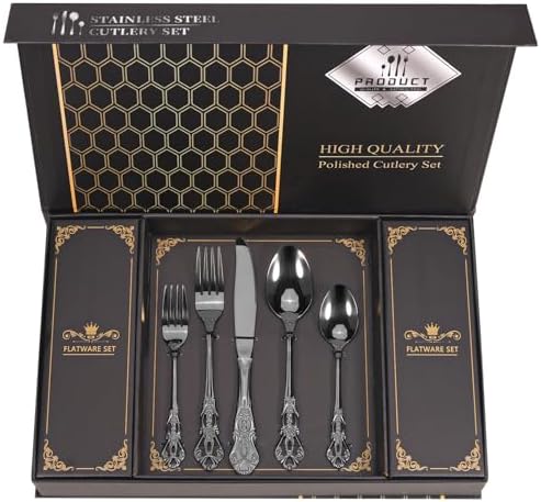 Retro Royal Black Silverware Set With Gift Box, 60-Pieces Cutlery Set Utensils Stainless Steel Flatware For 12 MIKIWAY Kitchen Tableware Set For Gifts Festive, Dishwasher Safe, Mirror Polishing by MIKIWAY
