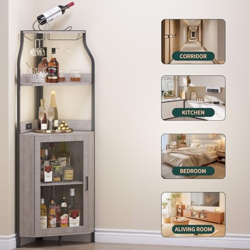 Garvee Corner Wine Bar Cabinet,5-Tier Farmhouse Corner Liquor Storage Cabinet with Barn Door,Glass Rack,Adjustable Shelves,Home Bar Storage for Dining Room,Kitchen,Living Room Grey - Image 6
