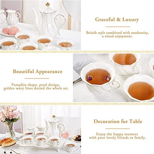 DUJUST 20 pcs Tea Set of 6 with Tea Tray & Spoons, Luxury British Style Tea/Coffee Cup Set with Golden Trim, Beautiful Porcelain Tea Set for Living Room Decor, Tea Party Set, Gift Package - White - Image 3