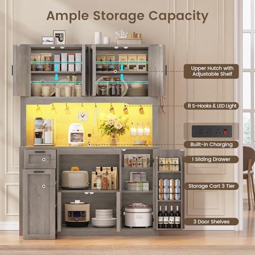 Itaar 71" Pantry Cabinet with Charging Station and LED Light, Kitchen Pantry Cabinet with Microwave Stand, 47.2" Wide Kitchen Storage Cabinets with Storage Cart 3 Tier for Dining Room, Grey - Image 5