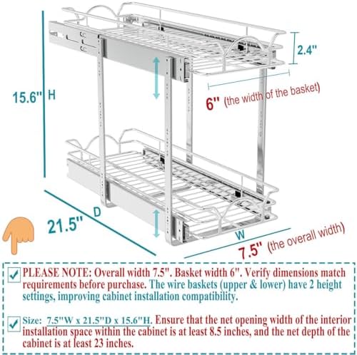 OCG 2 Tier Pull Out Cabinet Organizer (7.5" W x 21.5" D), Pull Out Drawers for Kitchen Cabinets, Pull Out Shelves for Base Cabinet Organization in Kitchen Bathroom Pantry, Chrome Finish - Image 3