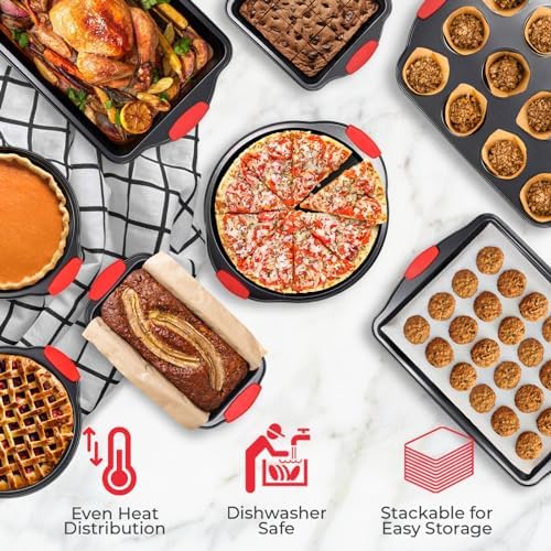 PERLLI Non-Stick 8-Piece Baking Pan Set, BPA-Free Carbon Steel Bakeware Set with Silicone Handles, Stackable Kitchen Oven Set, Cookie Sheet, Baking Tray, Baking Sheet Set, Oven Safe (446°F) - Image 4