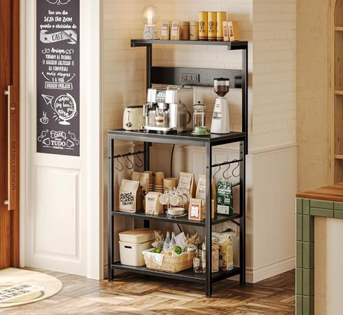 SUPERJARE Kitchen Bakers Rack with Power Outlet, Coffee Bar Table 4 Tiers, Kitchen Microwave Stand with 6 S-shaped Hooks, Storage Shelf Rack for Spices, Pots and Pans - Black - Image 2