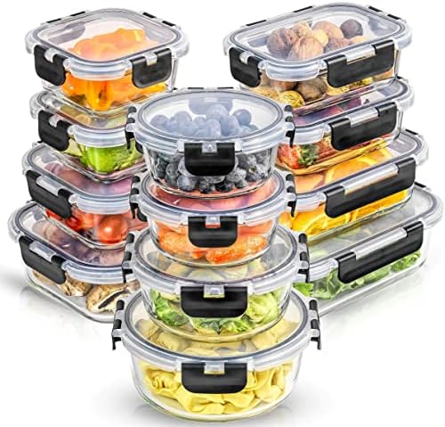JoyJolt 24pc Borosilicate Glass Storage Containers with Lids | 12 Airtight/Freezer Safe Food Storage Containers for Pantry and Kitchen | Meal Prep Container for Lunch | Glass Tupperware Set by JoyJolt