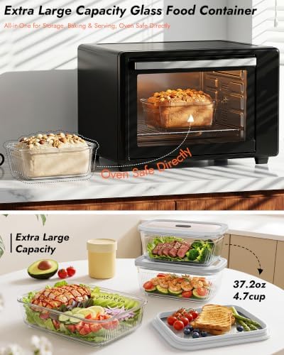 4-Pack Glass Food Storage Containers with Tempered Glass Lids, 4.6 Cup (37.2oz) Airtight, Oven & Microwave Safe (-4°F~950°F), Leakproof Meal Prep & Lunch Containers - Image 3
