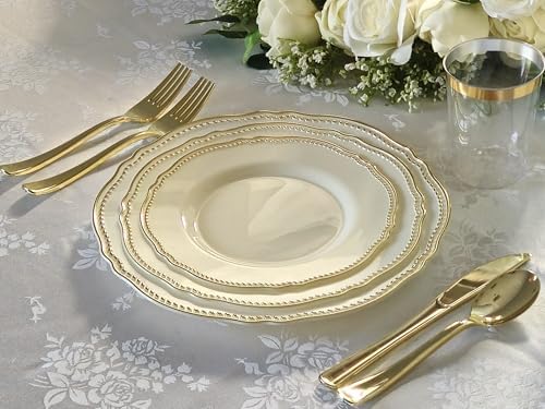 " OCCASIONS " 320pcs set (40 Guests)-Heavyweight Wedding Party Disposable Plastic Plate Set -40 x 10.25'' + 40 x 7.5'' + Silverware + Cups + Napkins (Rochelle Ivory & Gold) - Image 6