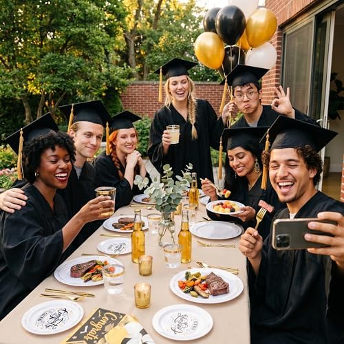 Goodluck 350 Piece Graduation Gold Plastic Dinnerware Set for 50 Guests - Image 6