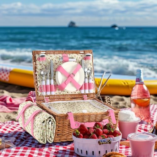 Picnic Basket for 4 with Waterproof Blanket, Pink Flower - Image 2