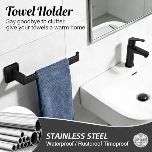 6-Pieces Bathroom Hardware Set Matte Black Bathroom Accessories Set SUS304 Towel Bar Set Includes Towel Bar 24&16 Inch+Towel Holder+Toilet Paper Holder+2 Towel Hooks (6, Matte Black, 24 Inch) - Image 3