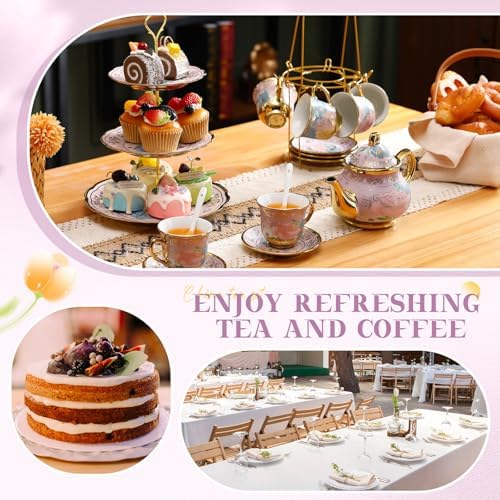 21 Pcs Porcelain Tea Set with 3 Tier Dessert Stand, Purple, Delicate - Image 3