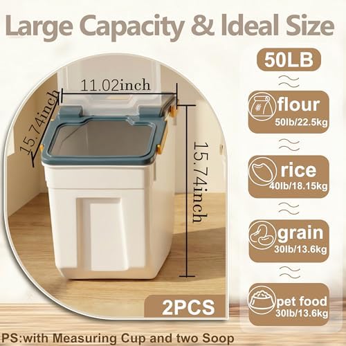 RUIAN 2Pcs Large Flour Storage Container Bin 50Lb Airtight Rice Storage Containers with Wheels Seal Locking Lid, BPA Free with Measuring Cup&Scoop for Flour, Rice, Grain 100LBS Total (Blue) - Image 2