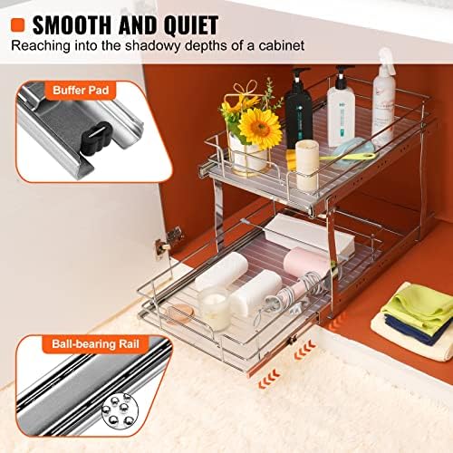 VEVOR Pull Out Cabinet Organizer, 14" Wx21.2 Dx15.2 H Heavy 2 Tier Duty Slide Out Pantry Shelves, Chrome-Plated Steel Roll Out Drawer for Under Sink, 15.5" Wx22.5 Dx19 H Install Size for Cabinet - Image 3