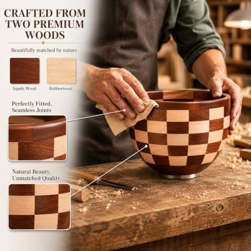 EInilata Checkerboard Wood Mixing Bowl, Compatible with 4.5 & 5 QT KitchenAid Tilt-Head Stand Mixer. Wooden Bowl for Mixer with Stainless Steel Locking Base, Natural Wood. Kitchen Gift Idea. - Image 5