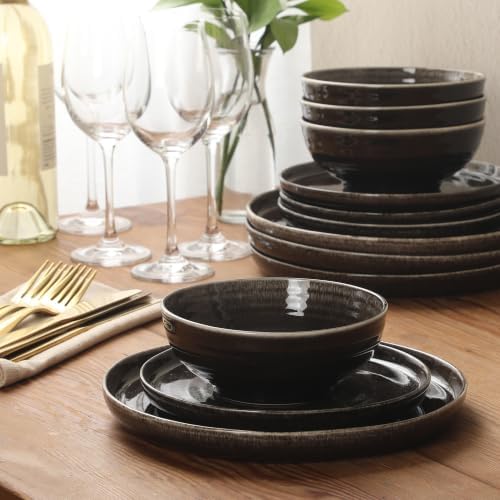 Gibson Elite Eclipse Swirls Plates and Bowls Sets, 12-Piece Stoneware Dinnerware Sets, Reactive Glaze Dish Set - Black - Image 5