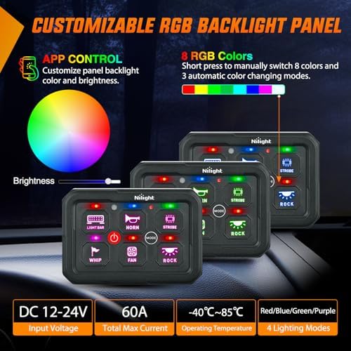 Nilight 6 Gang Switch Panel APP RGB 12V 24V Circuit Control System 4-Mode - Image 4