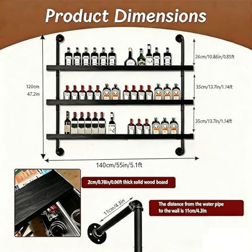 55IN 3-Tier Black Pipe Wall Mounted Wine Rack with Warm LED Light - Image 2