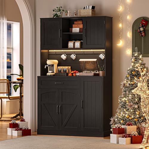ONBRILL 71" Kitchen Pantry Storage Cabinet with LED Light/Outlet, Black - Image 5