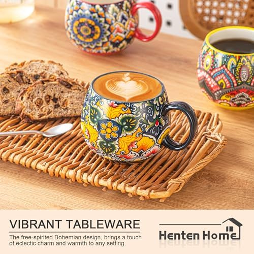 Henten Home Ceramic Coffee Mug Set of 6, 20 oz Colorful Coffee Cup with Handle, Boho Porcelain Mug for Cappuccino, Latte, Tea, Hot Chocolate, Cocoa, Microwave & Dishwasher Safe - Image 5