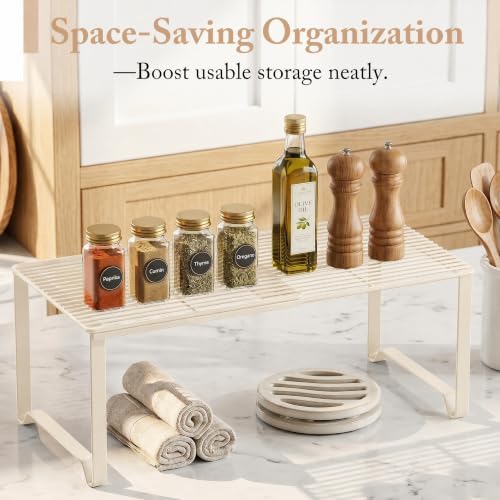Extendable Metal Wire Shelf Organizer - Adjustable 15-24.4in Length, Stackable Storage Rack for Kitchen/Pantry/Bathroom/Shoe Cabinet/Tool Closet (2, Cream) - Image 6