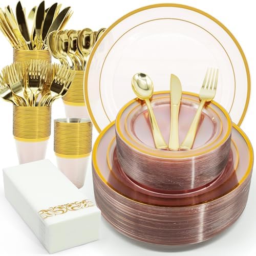 AIRE Gold Pink Plastic Plates Set, 175PCS Disposable Tableware for 25 by AIRE