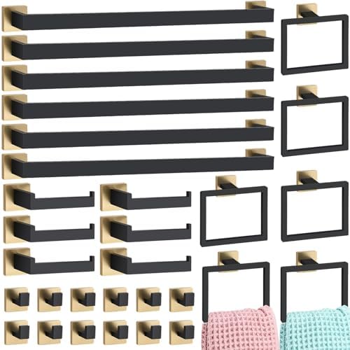 30 Pcs Black Gold Bathroom Hardware Accessories Bath Towel Bar Set by Gisafai
