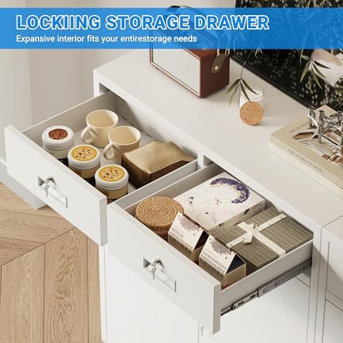 BESFUR Metal Storage Cabinet, Locking Storage Cabinet with Doors and Shelves, Reinforced Heavy Duty Metal Cabinets with Drawers for Office, Home, Garage (White) - Image 4