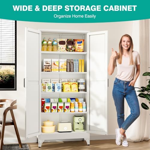 SISESOL 71" Tall Pantry Cabinet,Farmhouse Kitchen Pantry Storage Cabinets with 2 Doors and 5 Shelves,White Metal Storage Cabinet,Large Cupboard for Home,Kitchen,Dining/Living Room - Image 2