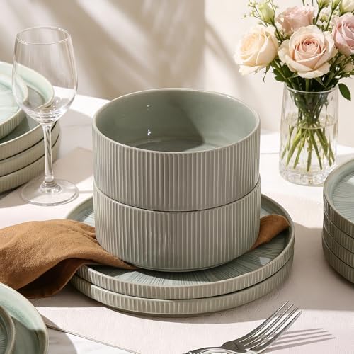 Stoneware Dinnerware Sets for 4, 12-Piece Plates and Bowls Set, Sage Green - Image 5