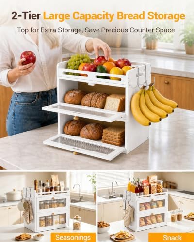 Bread Box for Kitchen Countertop, 2-Tier Bamboo Storage with Raised Shelf - Image 2