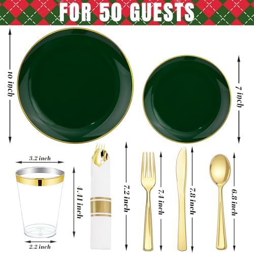 KIRE 350PCS Green and Gold Plates - Plastic Dinnerware Set for Christmas - Image 5