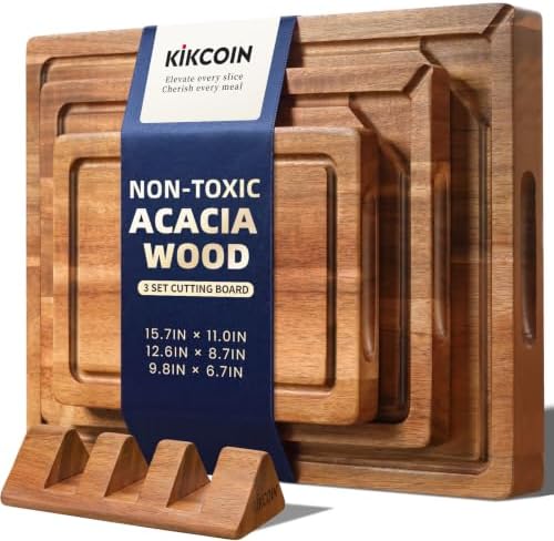 Kikcoin Food Safe Acacia Wood Cutting Board Set, Reversible Tray by Kikcoin