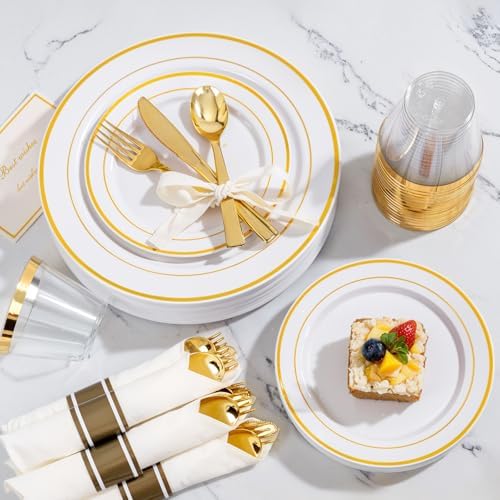 WELLIFE 350Pcs Gold Plastic Plates for 50 Guests - Plastic Dinnerware Set, Includes 100 Party Plates,150 Gold Silverware Disposable,50 Napkins,50 Cups,Disposable Plates for Party and Wedding - Image 3