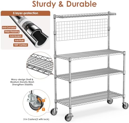Bakers Rack with Storage & Wheels, 42In Microwave Stand Kitchen Shelves - Image 4