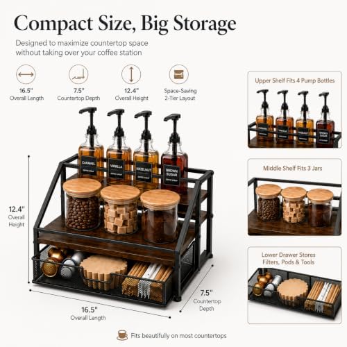 Coffee Bar Syrup Dispenser Set, 4 Pack 16.9oz/500ml Glass Syrup Dispensers with 1/4 oz Pumps & Stand, 2-Tier Coffee Bar Organizer Rack with 3 Storage Jars, 36 Labels, Brushes & Funnel - Image 5