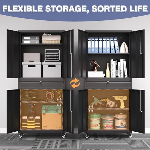 Metal Garage Storage Cabinet with Wheels,Lockable Storage Cabinet with Adjustable Shelves and 1 Drawer,Rolling Tool Cabinet for Workshop Garage and School(Black) - Image 4
