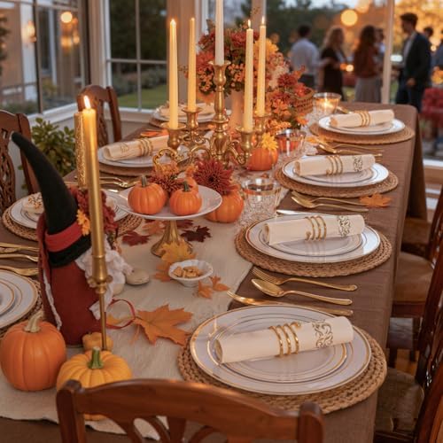 WDF Partyware 175PCS White and Gold Plastic Plates - Gold Plates with Rolled Napkins for Party - 25Guest Disposable Dinnerware Sets for Thanksgiving/Wedding/Birthday - Image 4