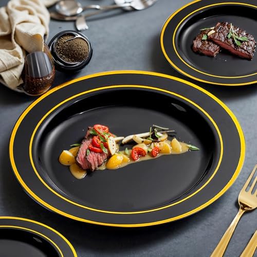 bUCLA 150 Pieces Black and Gold Disposable Dinnerware Set - 25 Guests Black Gold Plastic Plates Include 25 Dinner & 25 Dessert Plates, 25 Spoons, 25 Forks, 25 Knives, 25 Cups for Party & Graduation - Image 4
