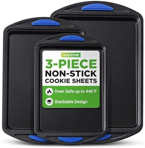 NutriChef 3-Piece Nonstick Cookie Sheets for Baking – Carbon Steel Stackable Bakeware Set w/ Silicone Handles - Non Toxic Baking Pan - Durable & Wrap Resistance, Oven Safe - Easy cleanup by NutriChef%E2%84%A2Kitchen