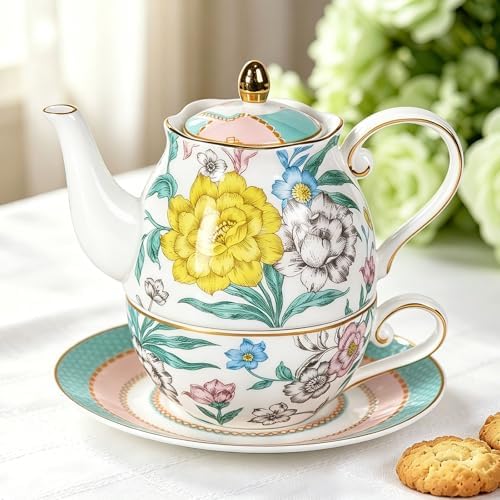 KAMMAK Tea for One Set, Ceramic Teapot, Bone China Tea Set, Cup and Saucer - Image 3