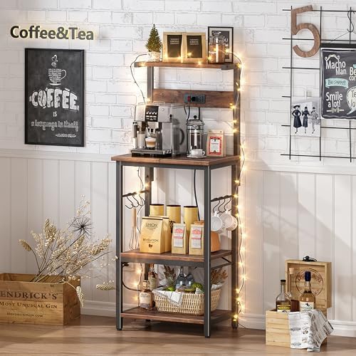 SUPERJARE 4 Tier Bakers Rack with Power Outlets, Microwave Stand with Adjustable Shelf, Kitchen Shelf Organizer for Small Space, Coffee Bar with 6 S Hooks, Kitchen Storage Rack, Rustic Brown - Image 6