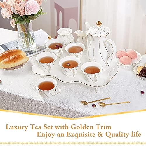 DUJUST 20 pcs Tea Set of 6 with Tea Tray & Spoons, Luxury British Style Tea/Coffee Cup Set with Golden Trim, Beautiful Porcelain Tea Set for Living Room Decor, Tea Party Set, Gift Package - White - Image 2