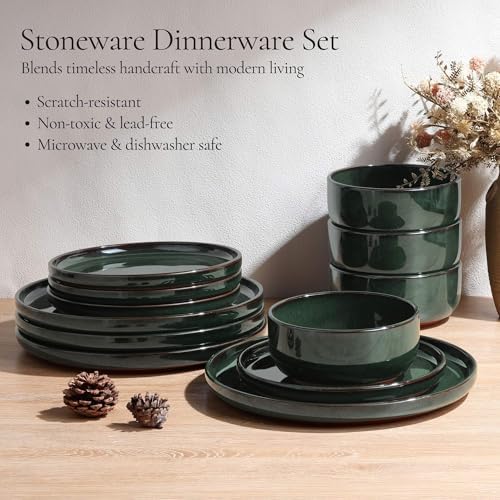 E-far Stoneware Dinnerware Sets for 6, 18 Pieces Reactive Glaze Plates and Bowls Sets, Elegant Dishes with Rustic Terracotta Clay Base, Dishwasher & Microwave Safe, Scratch Resistant, Blackish Green - Image 3